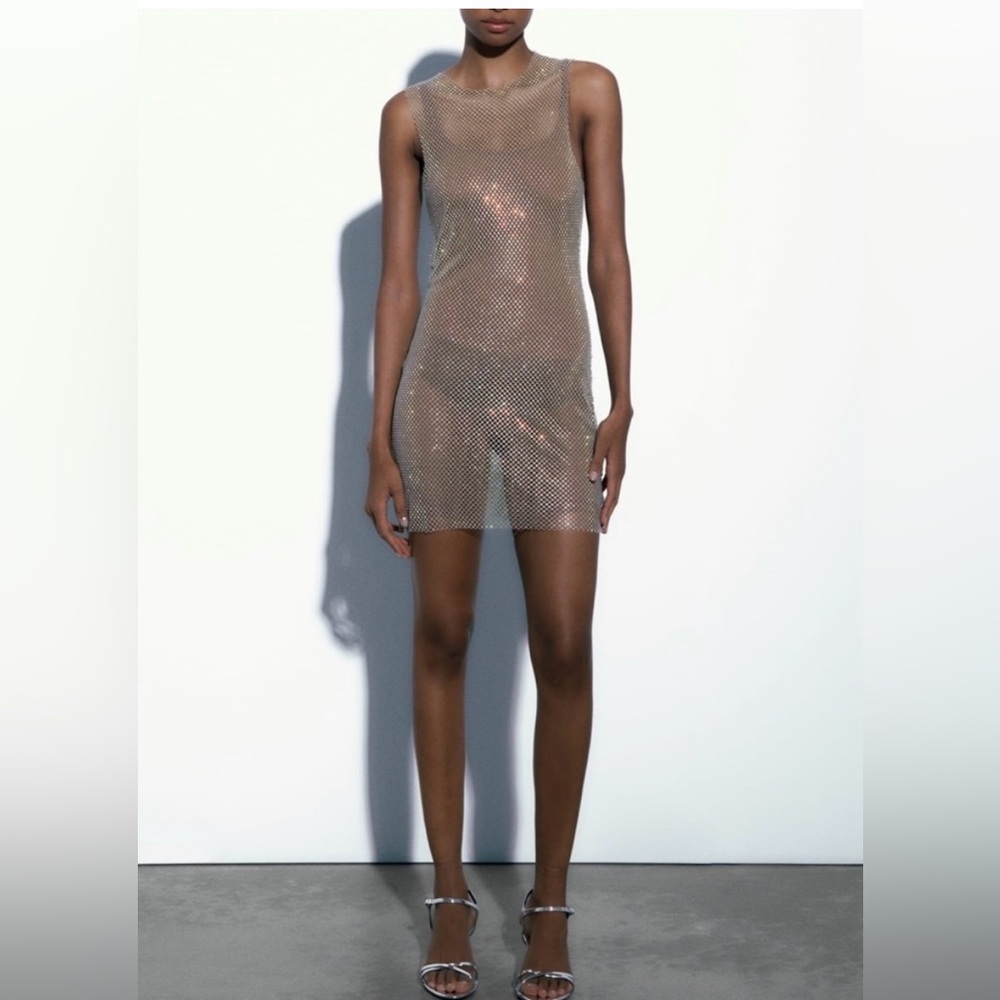 NWT Zara rainbow rhinestone mesh dress